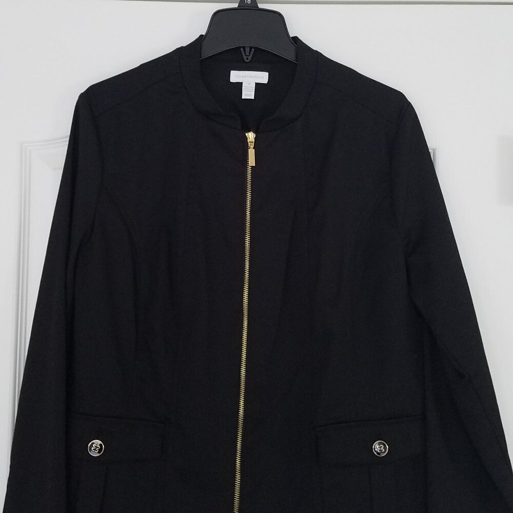 Charter Club Stand Collar Zip Front Blazer Jacket Black w/Gold Buttons Size 18